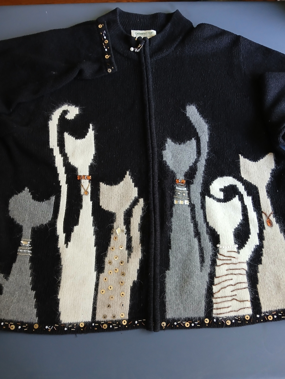 VTG Coldwater Creek Cats Cardigan Knit Sweater Sequins Embellishl Zip Women's 3X
